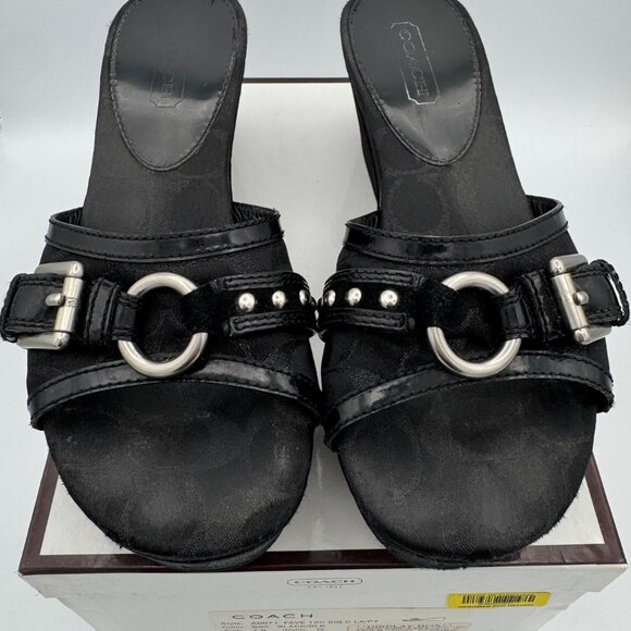 Coach Womens Black Metallic Logo Faye Platform Sandal Size 7 A0071 - Picture 2 of 8